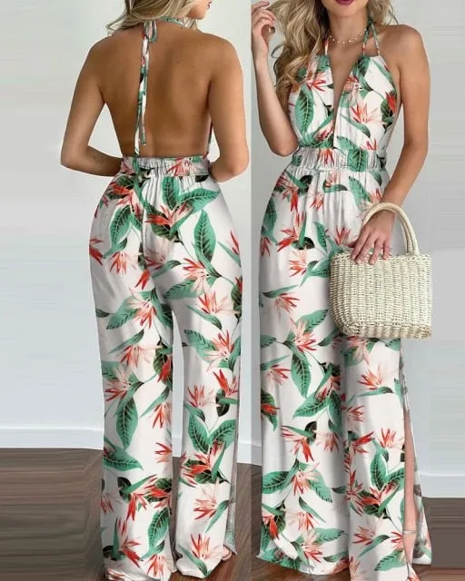 Sleeveless Deep V-neck Backless Halter Loose Jumpsuit