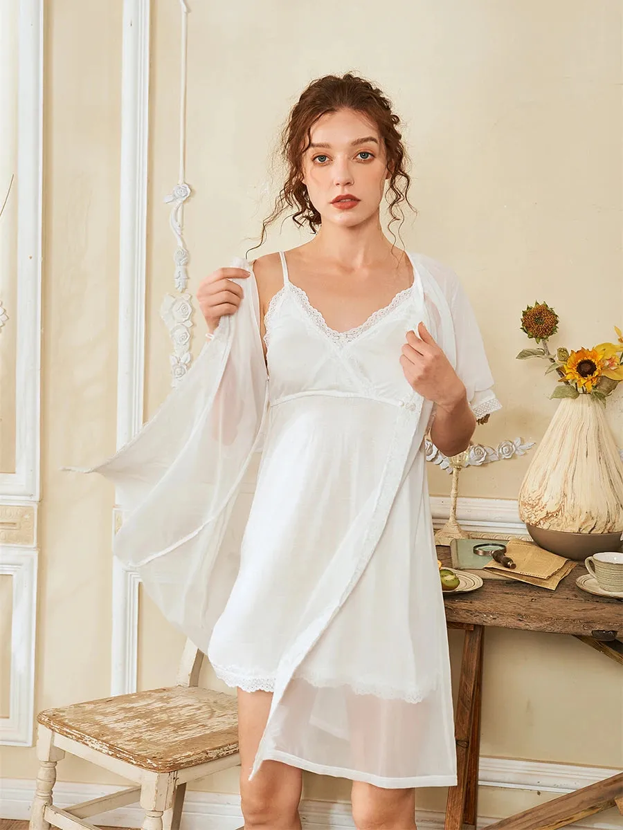 Slessic Lace See-through Mesh Robe Slip Nightdress Set