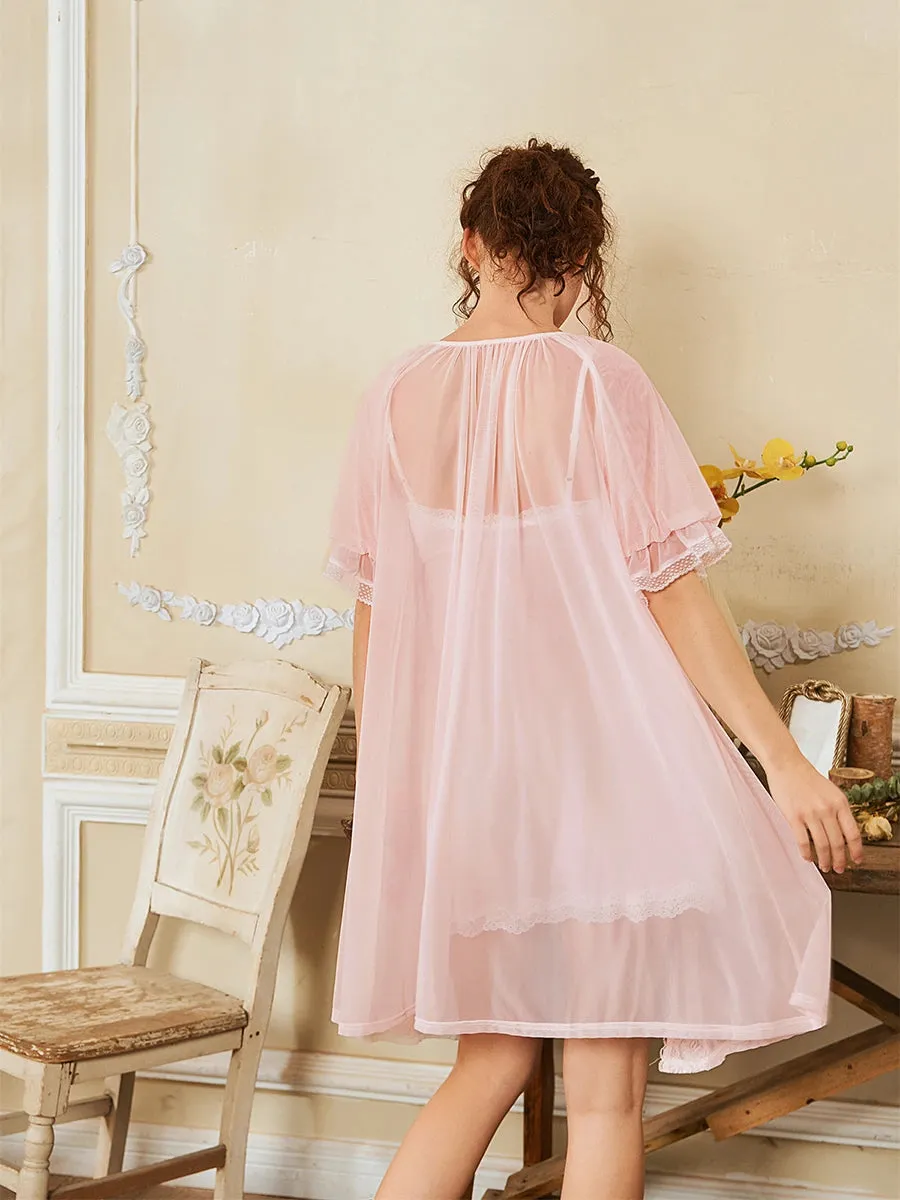 Slessic Lace See-through Mesh Robe Slip Nightdress Set