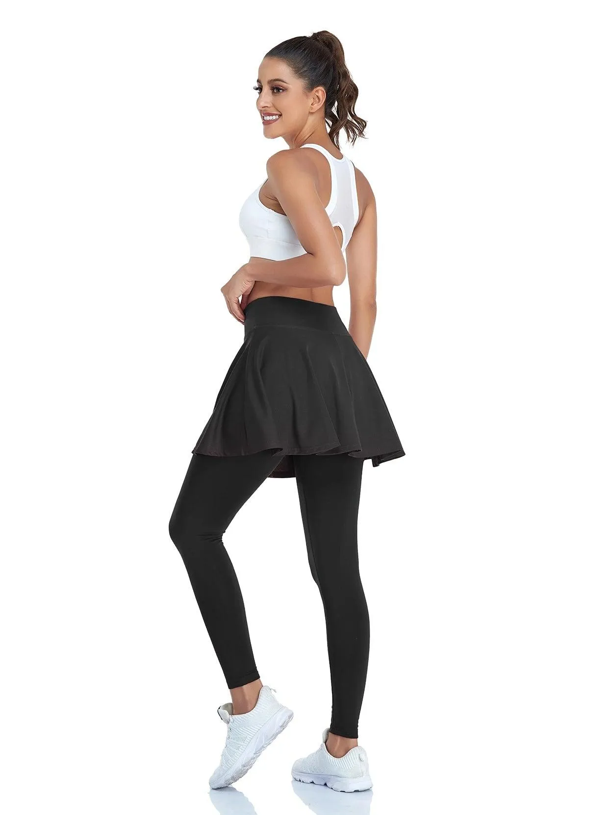 Solid Black Pleated Skirted Leggings For Women