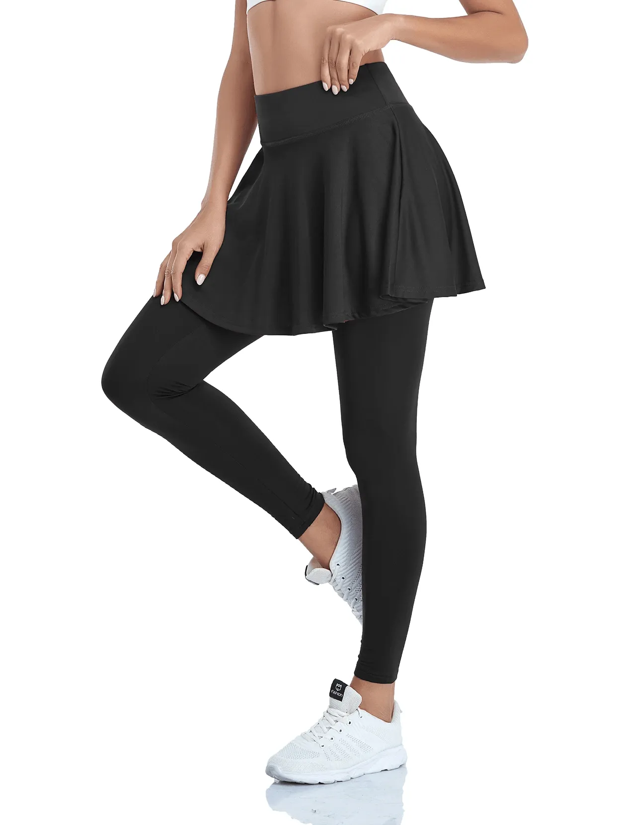 Solid Black Pleated Skirted Leggings For Women