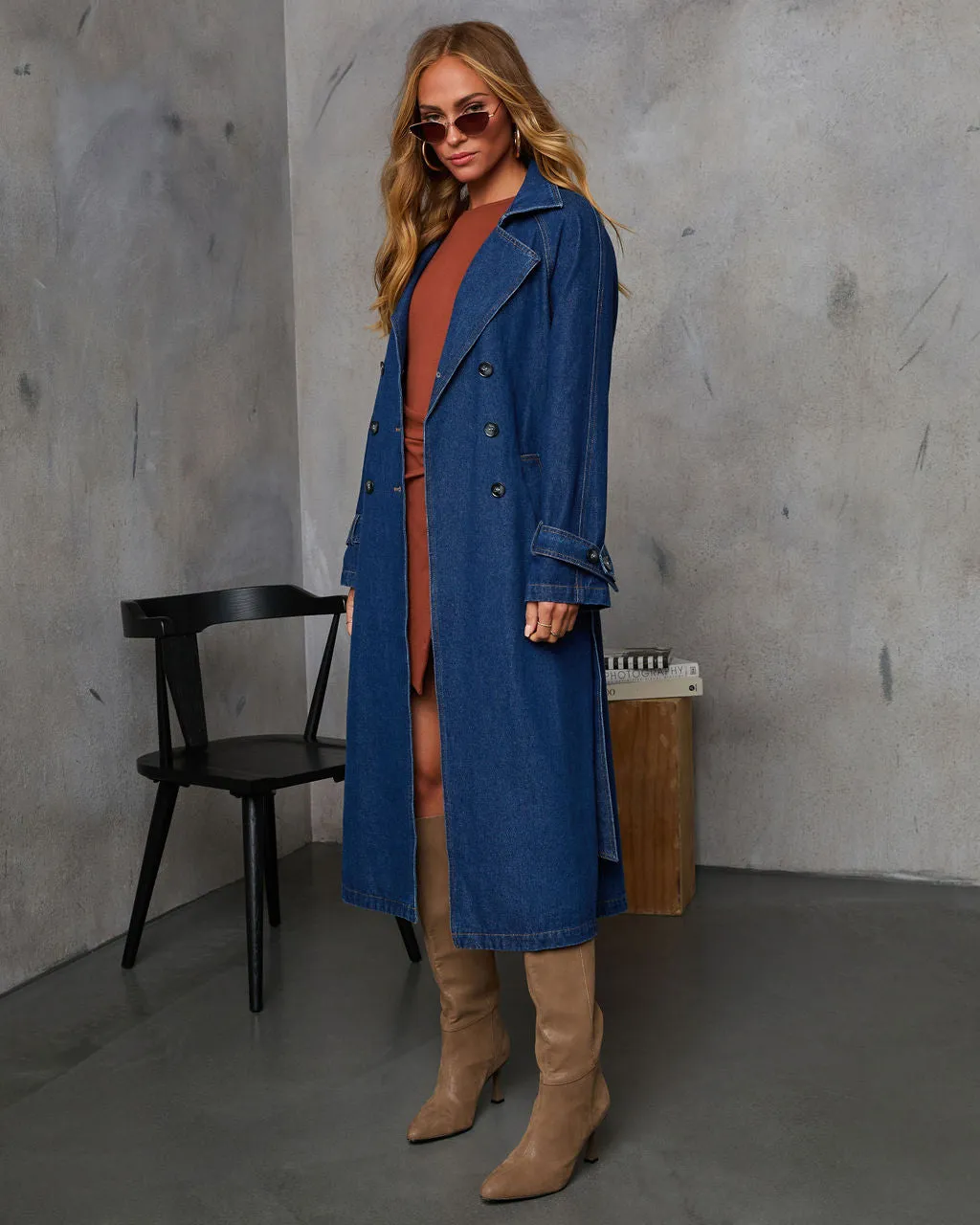 Spiced Pear Belted Denim Trench Coat