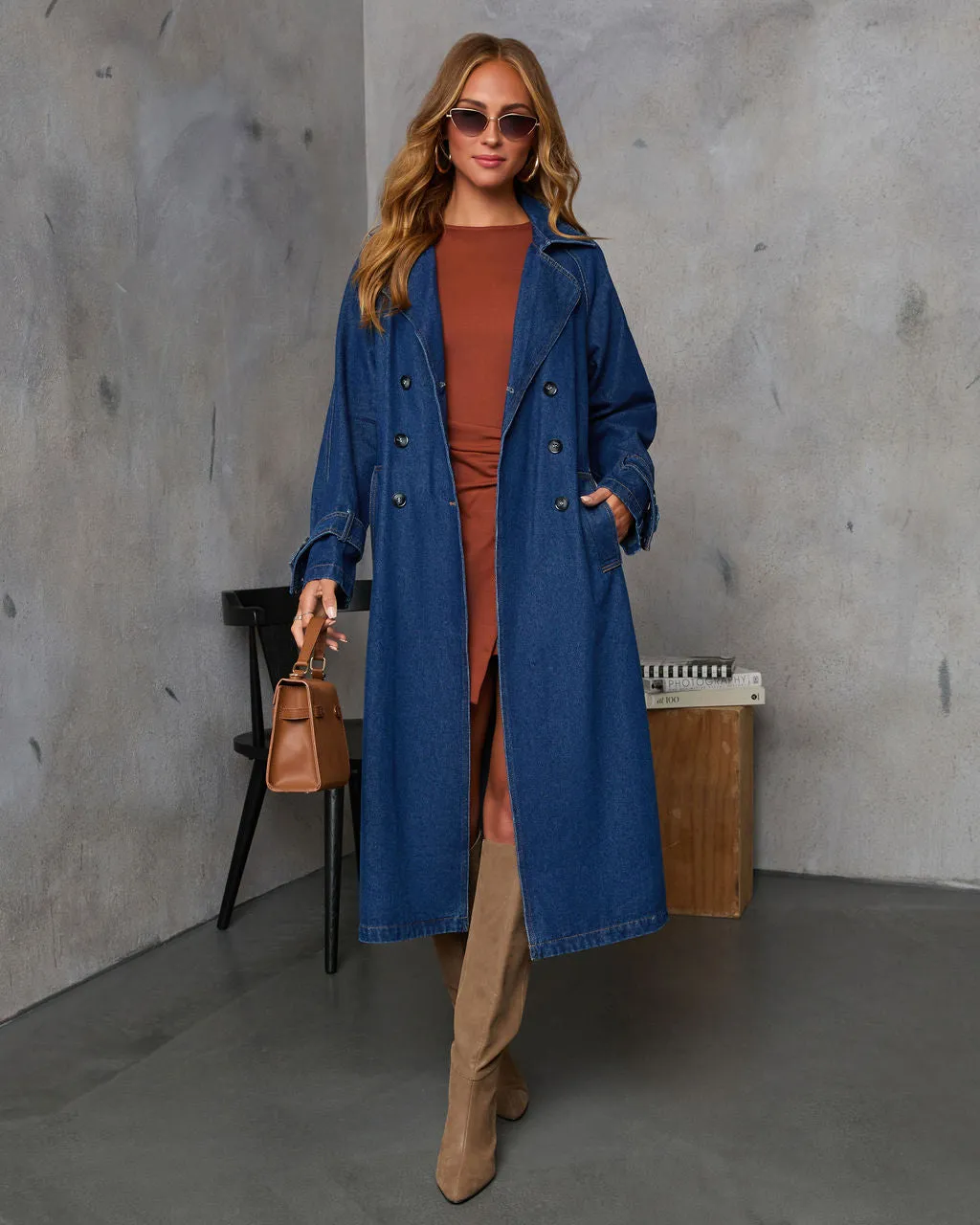 Spiced Pear Belted Denim Trench Coat