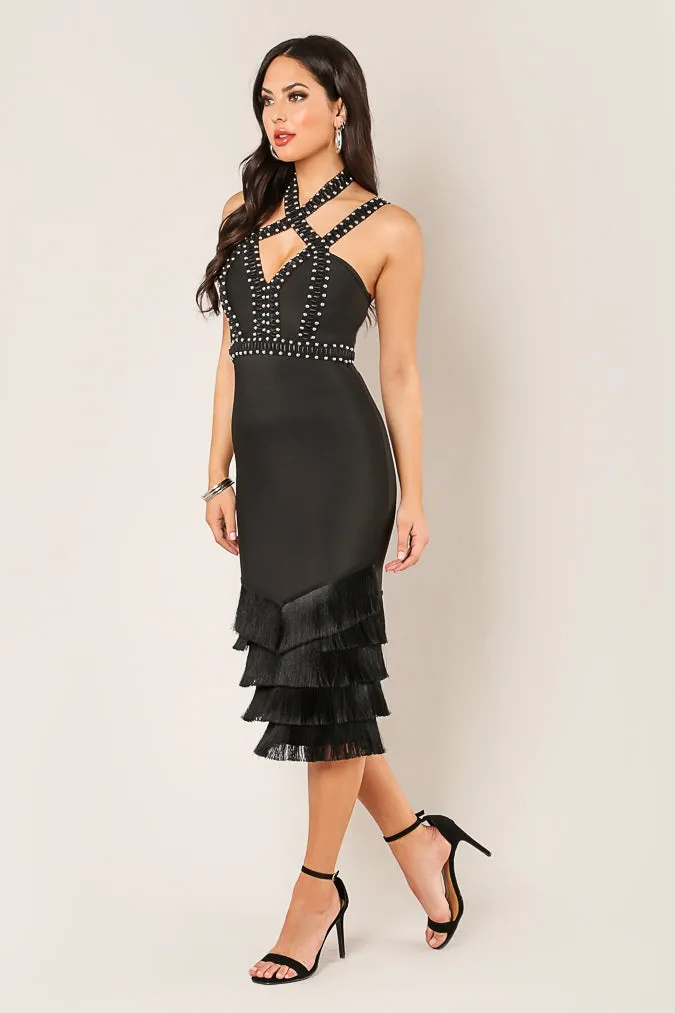 Stud Embellished Tiered Fringe Dress