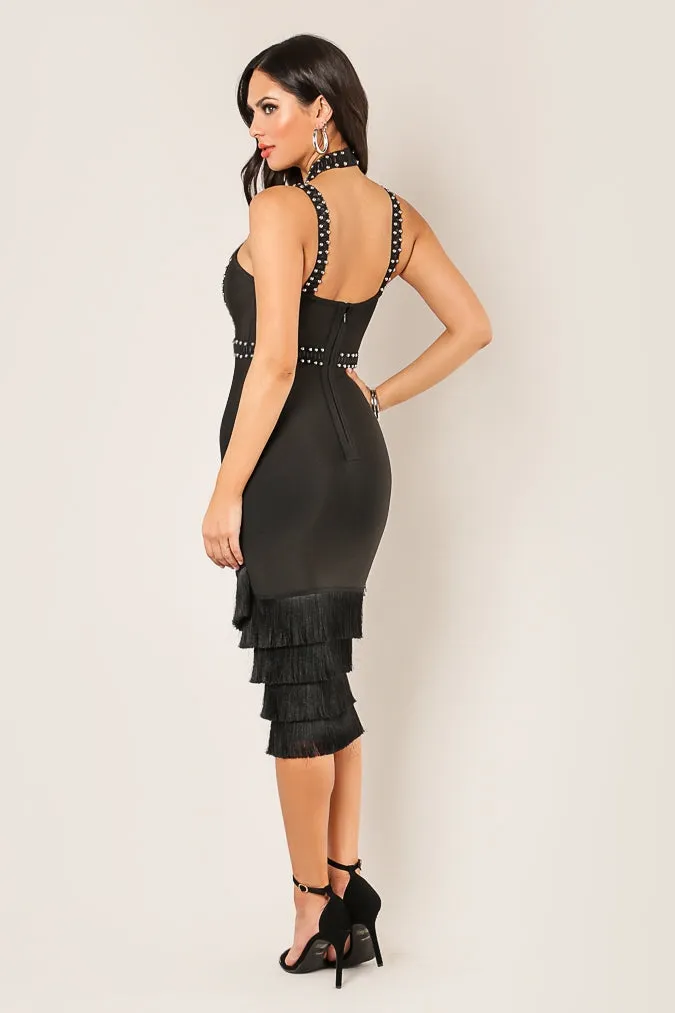 Stud Embellished Tiered Fringe Dress