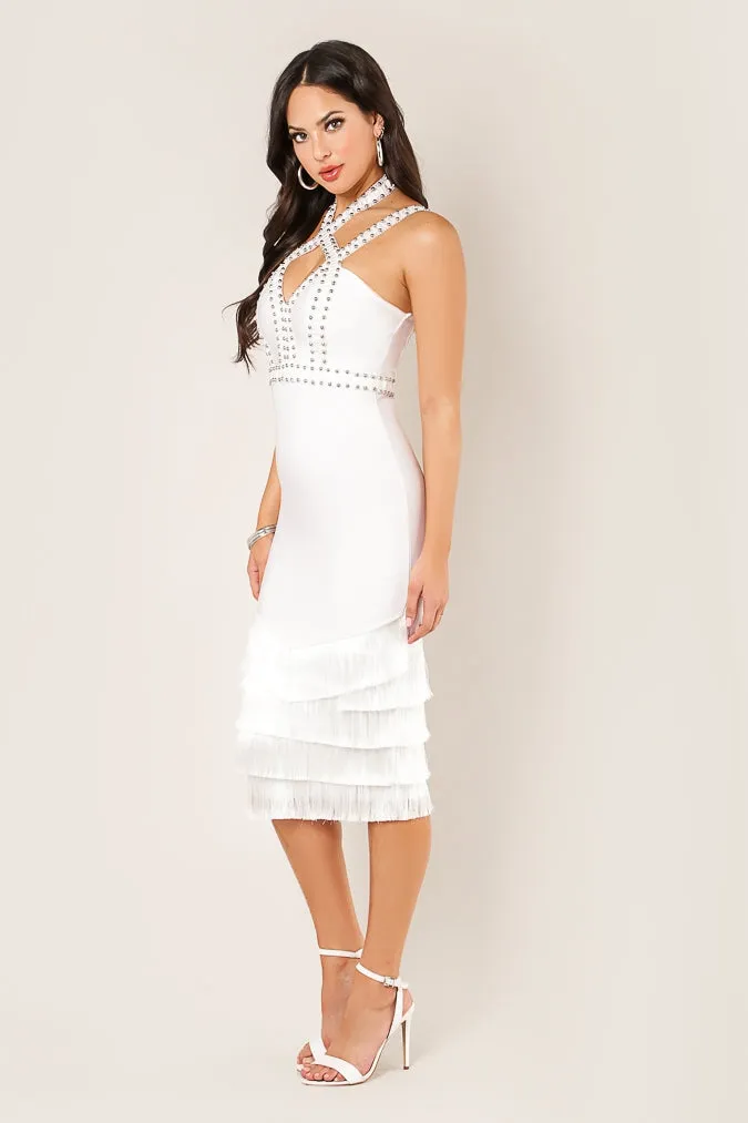 Stud Embellished Tiered Fringe Dress