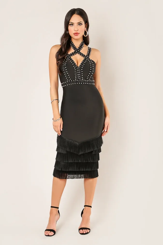 Stud Embellished Tiered Fringe Dress