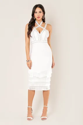 Stud Embellished Tiered Fringe Dress