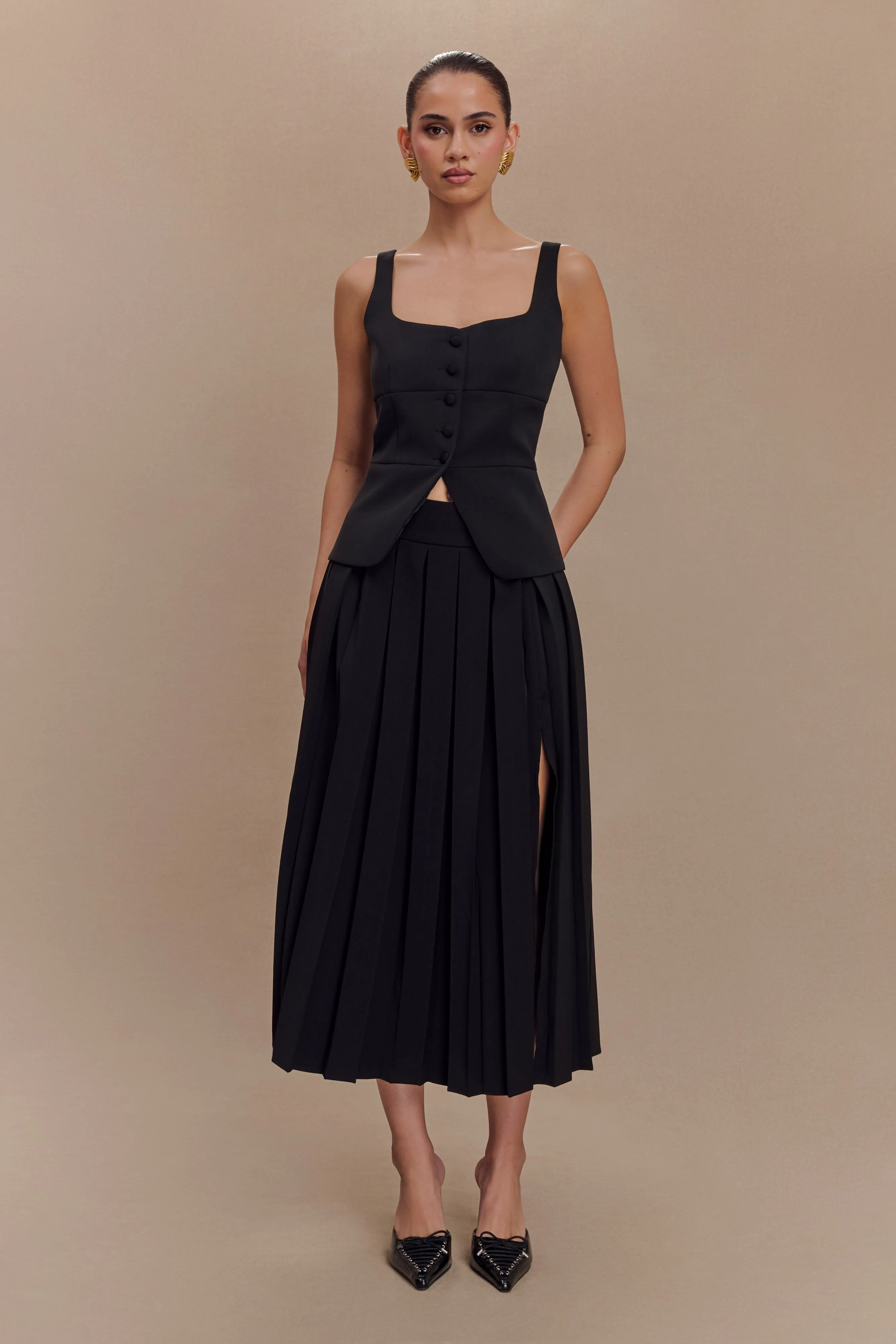 Sunny Pleated Midi Skirt - Black