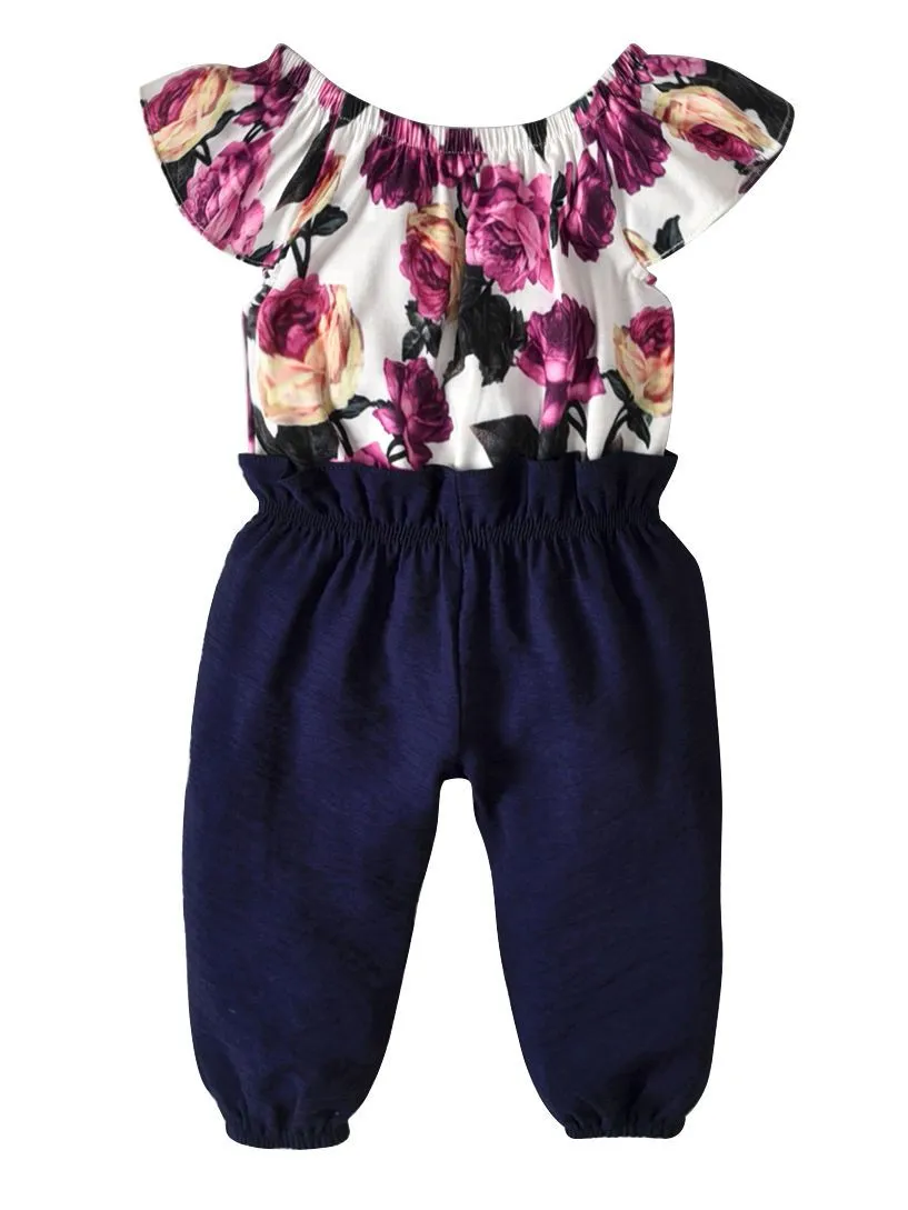 Toddler Baby Girl Overalls Short-sleeved Flower Print Off-shoulder Romper