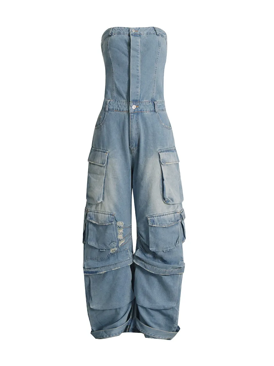 Top Waist Shaping Multi-Pocket Denim Jumpsuit