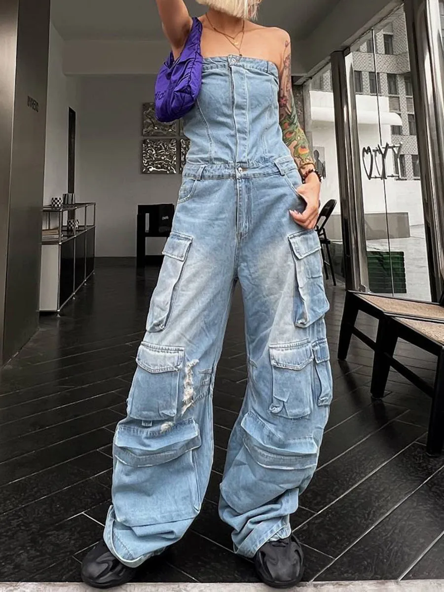 Top Waist Shaping Multi-Pocket Denim Jumpsuit