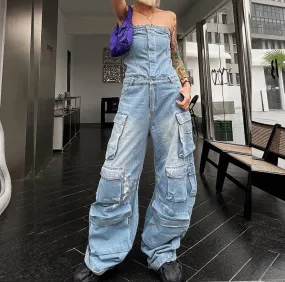 Top Waist Shaping Multi-Pocket Denim Jumpsuit