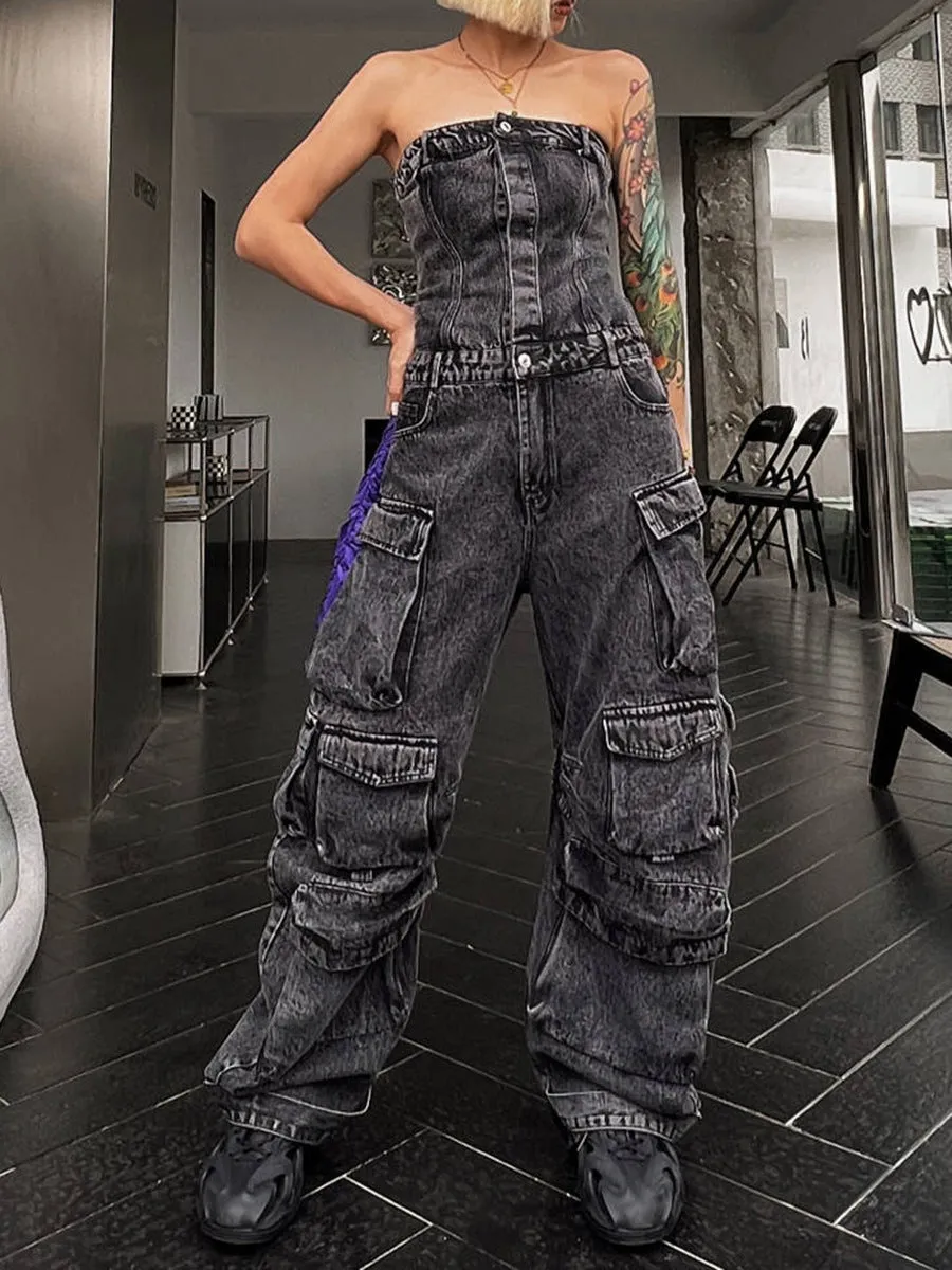 Top Waist Shaping Multi-Pocket Denim Jumpsuit