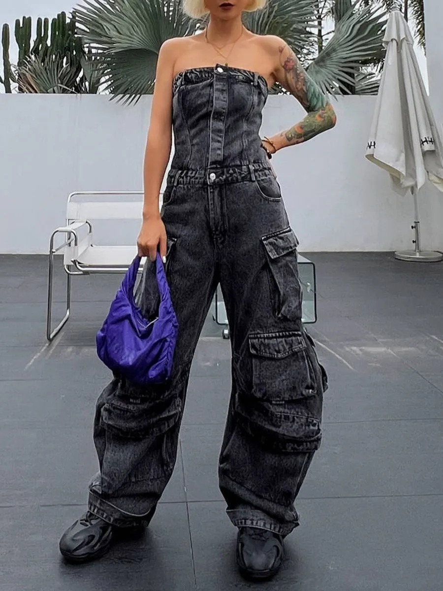 Top Waist Shaping Multi-Pocket Denim Jumpsuit