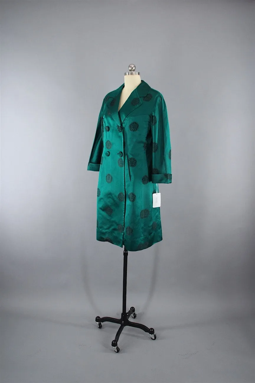 Vintage 1960s Emerald Green Chinoiserie Satin Coat