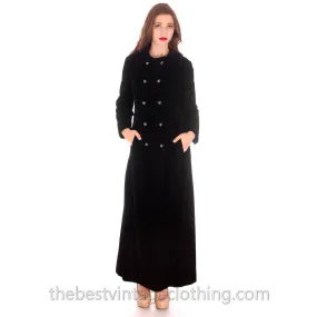 Vintage Long 1970s Coat Black Cotton Velvet Maxi Great Rhinestone Buttons M