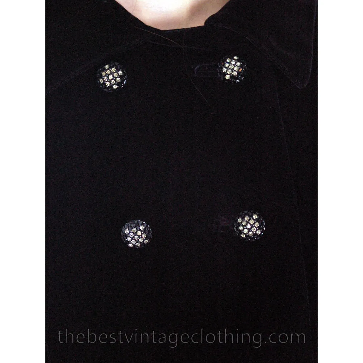 Vintage Long 1970s Coat Black Cotton Velvet Maxi Great Rhinestone Buttons M