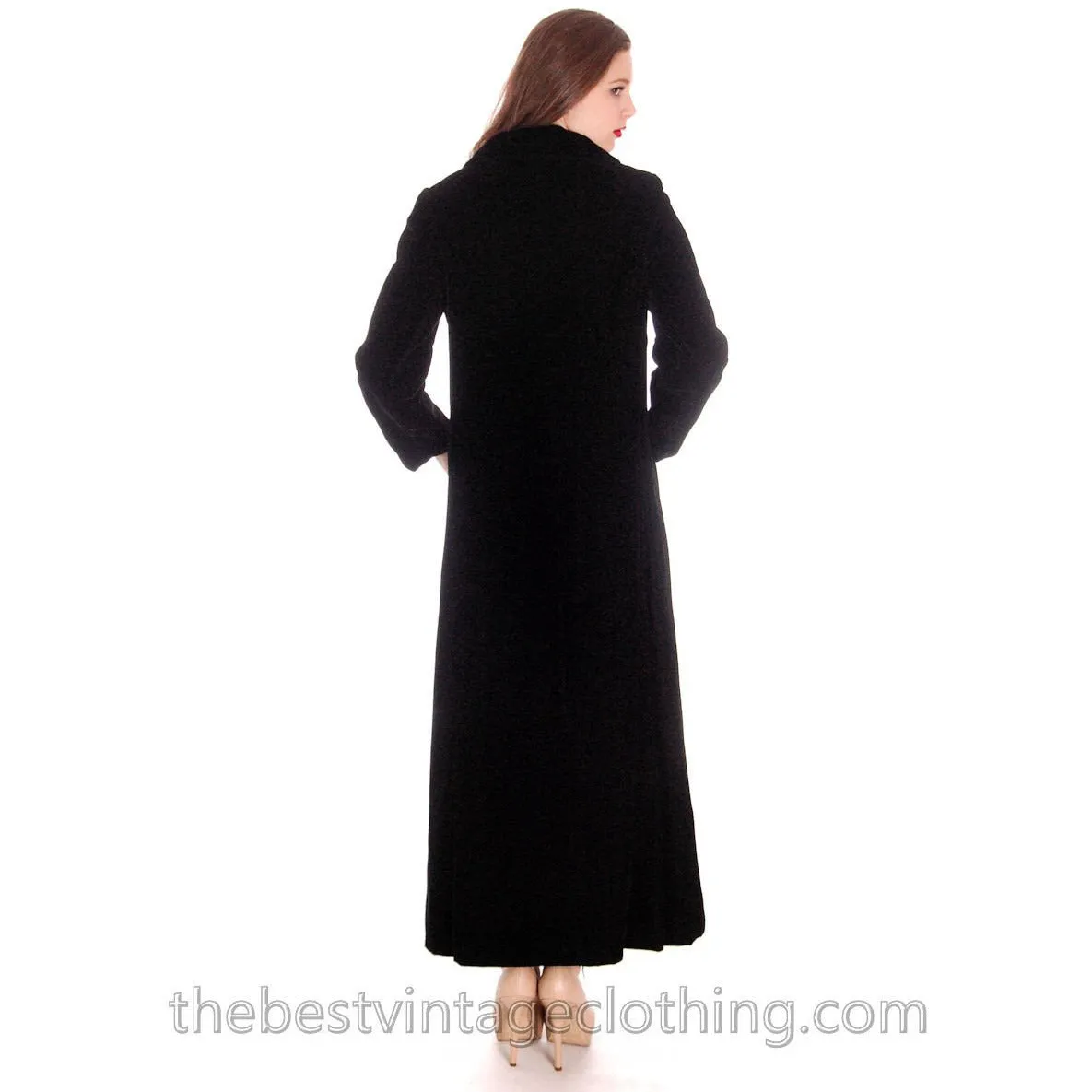 Vintage Long 1970s Coat Black Cotton Velvet Maxi Great Rhinestone Buttons M