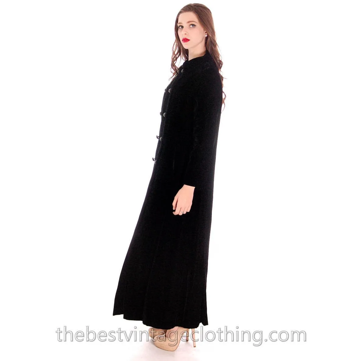 Vintage Long 1970s Coat Black Cotton Velvet Maxi Great Rhinestone Buttons M