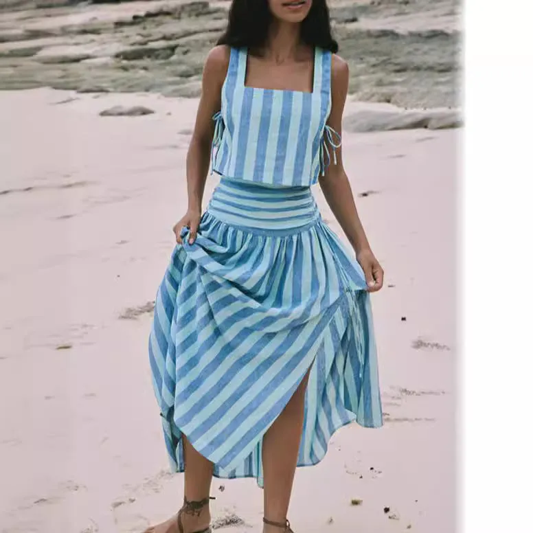 Vintage Vibes Blue Striped Large Swing Skirt Dress