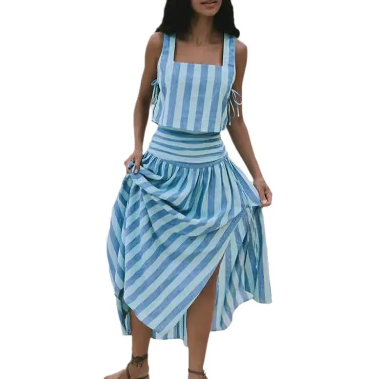 Vintage Vibes Blue Striped Large Swing Skirt Dress