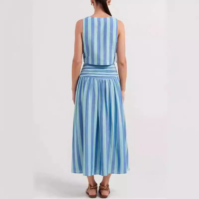 Vintage Vibes Blue Striped Large Swing Skirt Dress