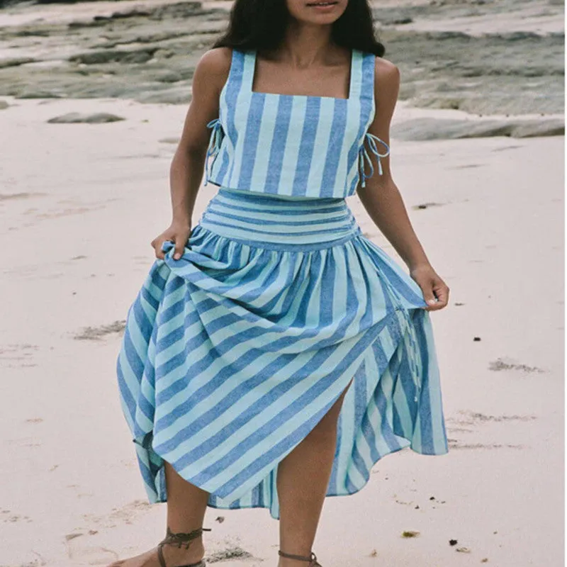 Vintage Vibes Blue Striped Large Swing Skirt Dress