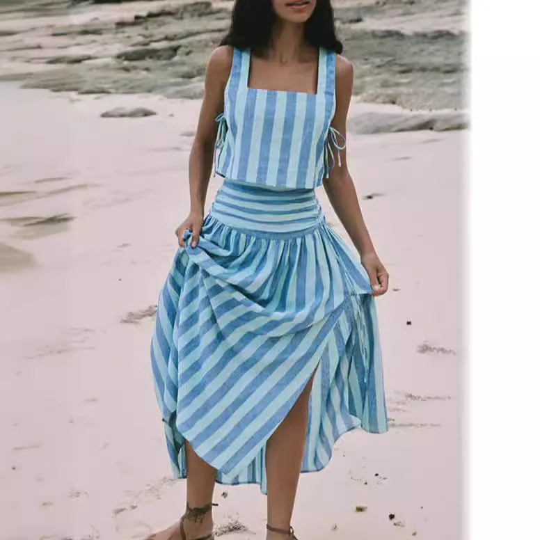 Vintage Vibes Blue Striped Large Swing Skirt Dress