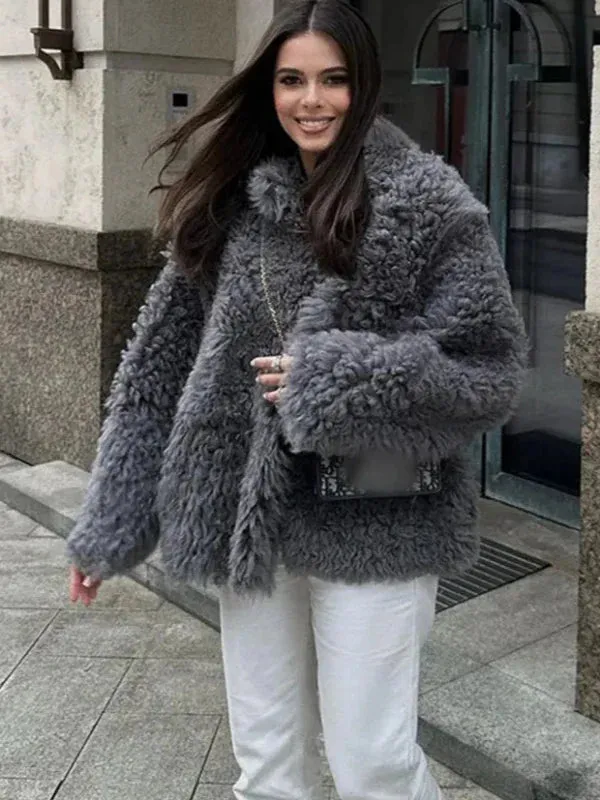 Wenkouban-Winter outfits Christmas Lapel Collar Thick Warm Grey Faux Fur Coat Winter Coat