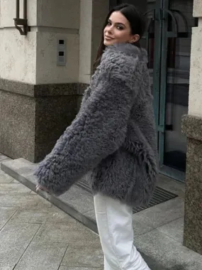 Wenkouban-Winter outfits Christmas Lapel Collar Thick Warm Grey Faux Fur Coat Winter Coat