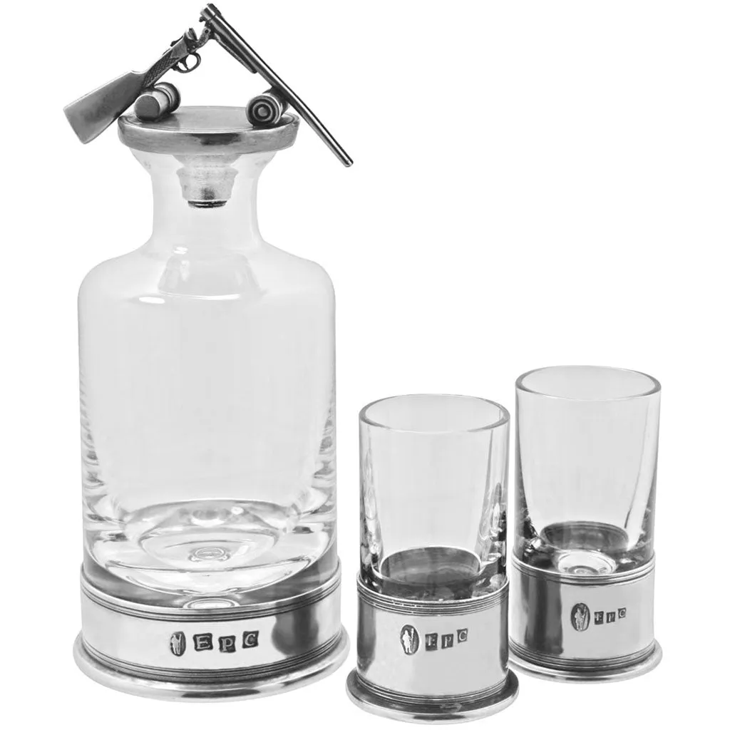 Whisky, Wine & Spirit Shotgun Hunting Shooting Pewter & Crystal Mini Decanter Set With Shot Glasses