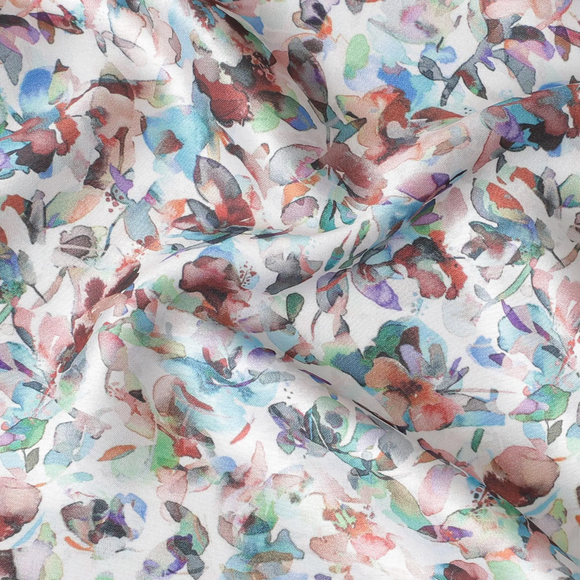 White synthetic satin fabric with multicolor print in floral design-D17046