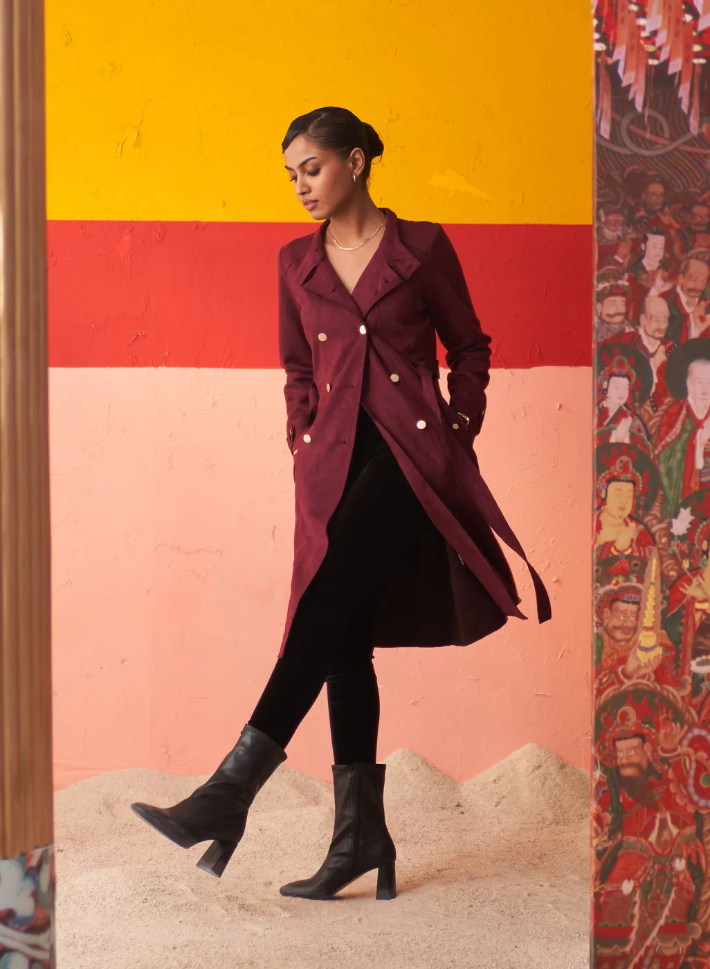 Wine Long Coat for Women with Stand Collar and Belt