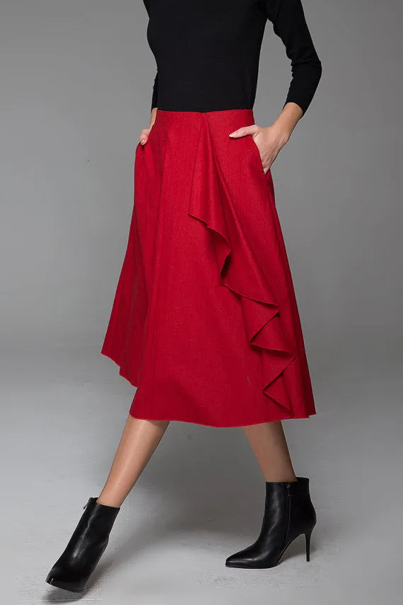 Wine Red Fashion Wool Skirt With Flower Lace Boho Skirt Warm Maxi Skirt (1431)