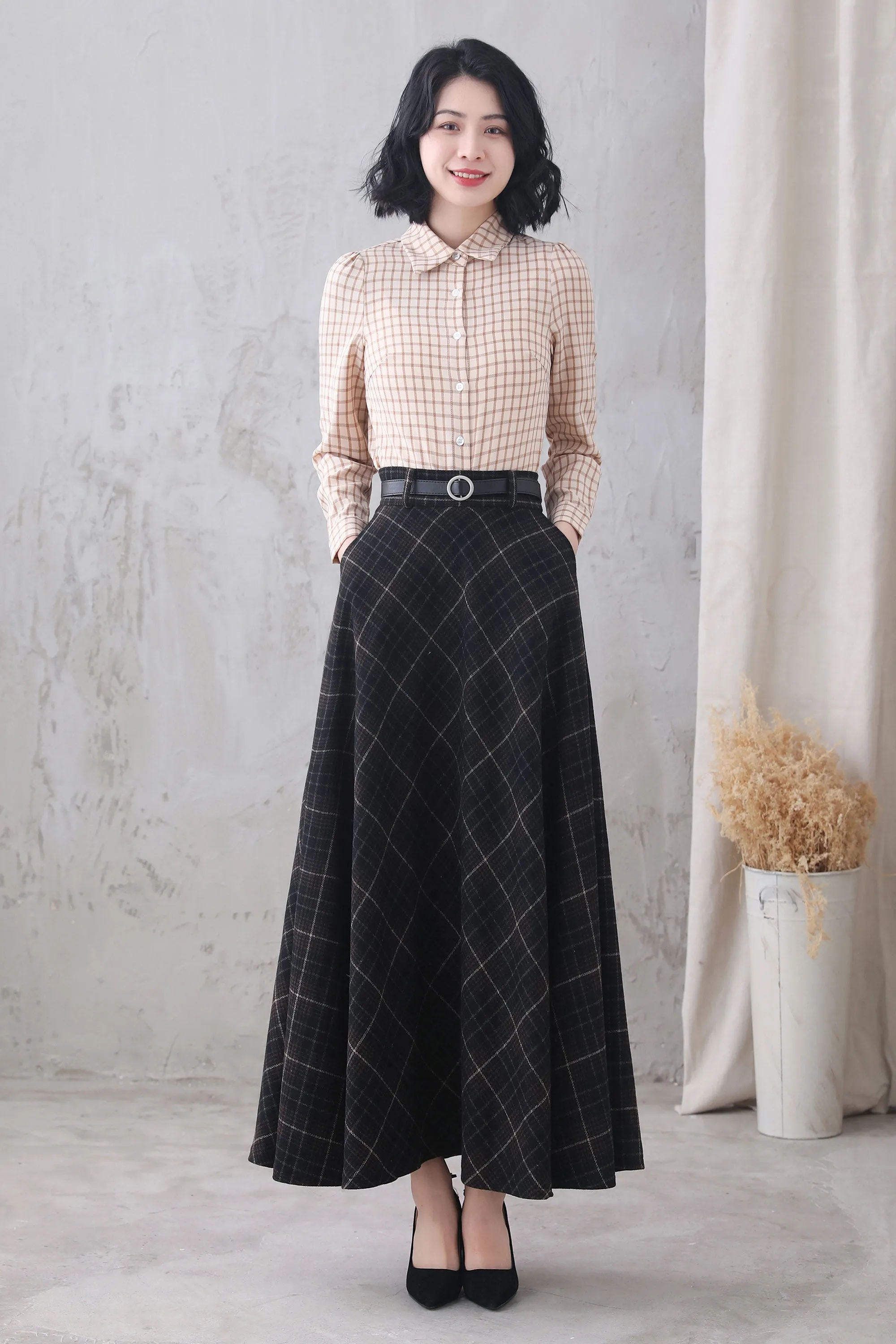 Women's High Waist Flared Plaid Skirt 3321