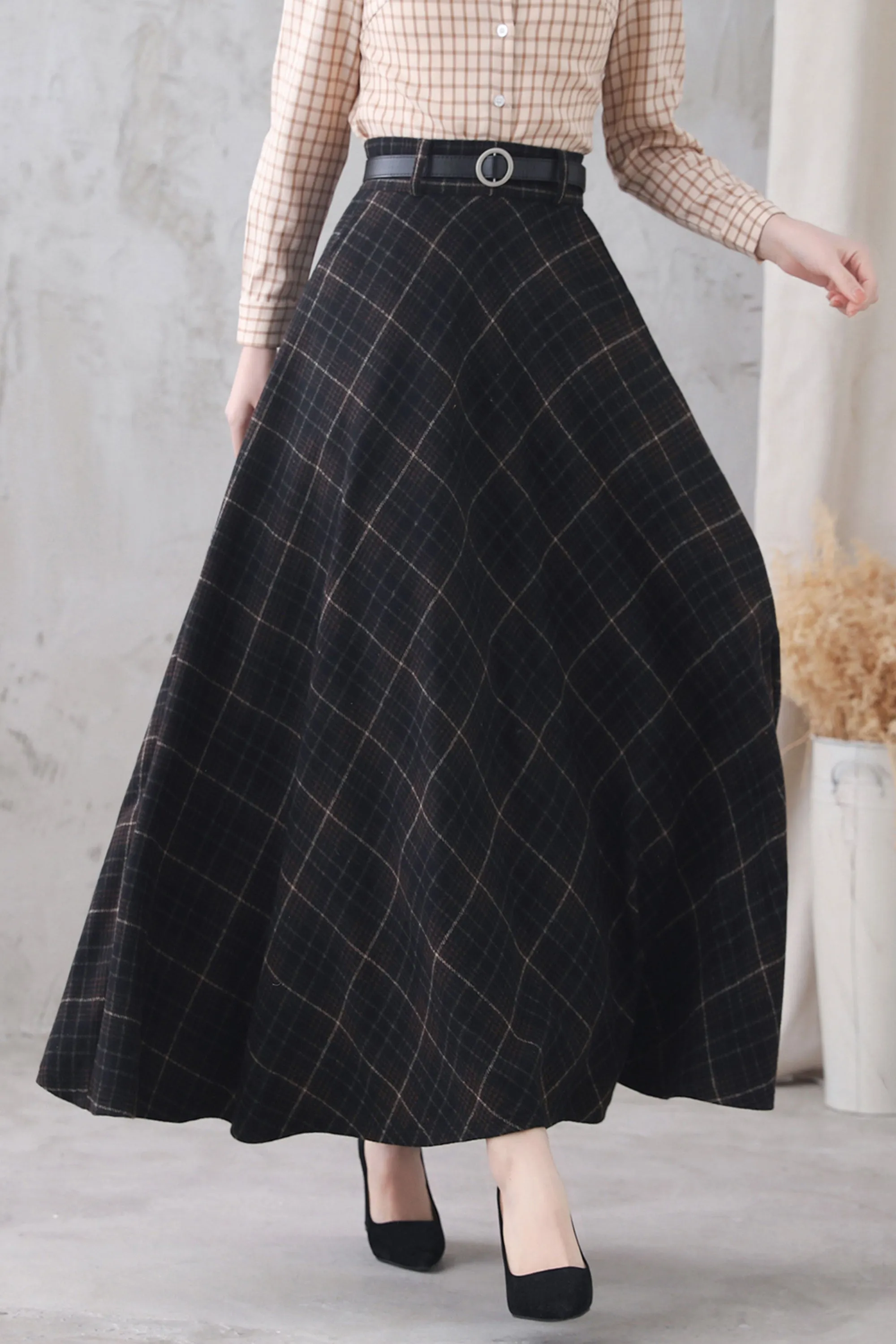 Women's High Waist Flared Plaid Skirt 3321