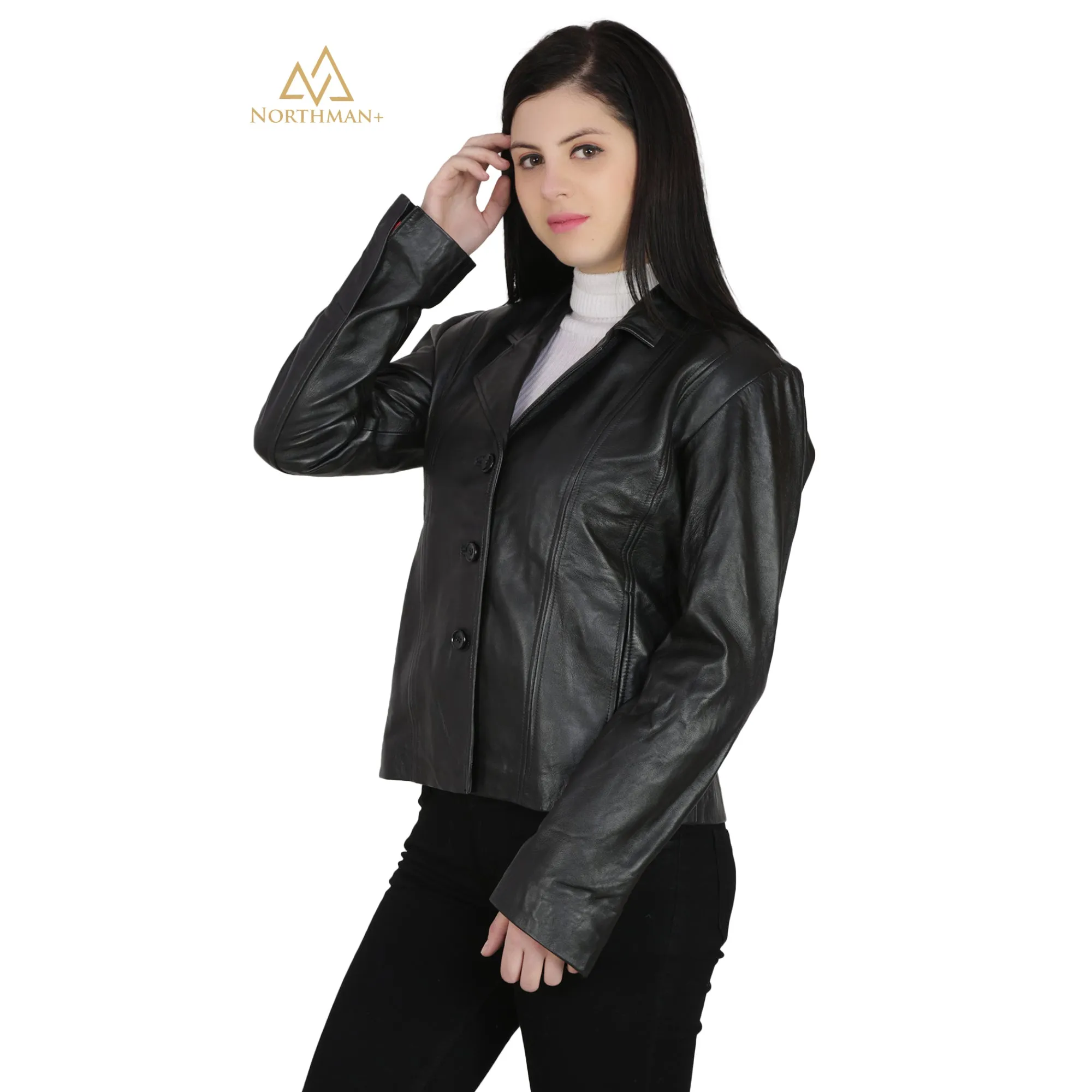 Women's Slim Fit Leather Short Coat : Three Button Short Coat