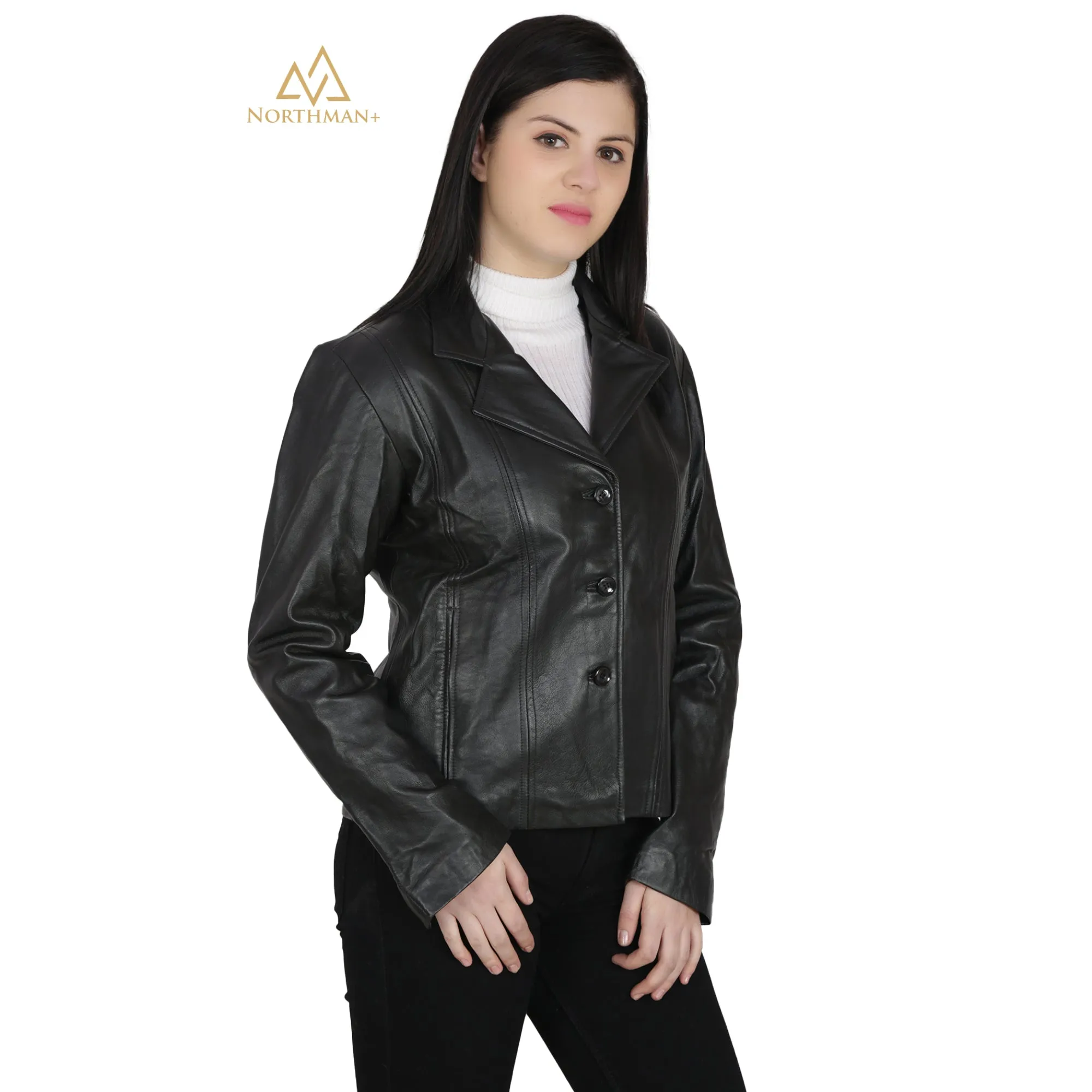 Women's Slim Fit Leather Short Coat : Three Button Short Coat