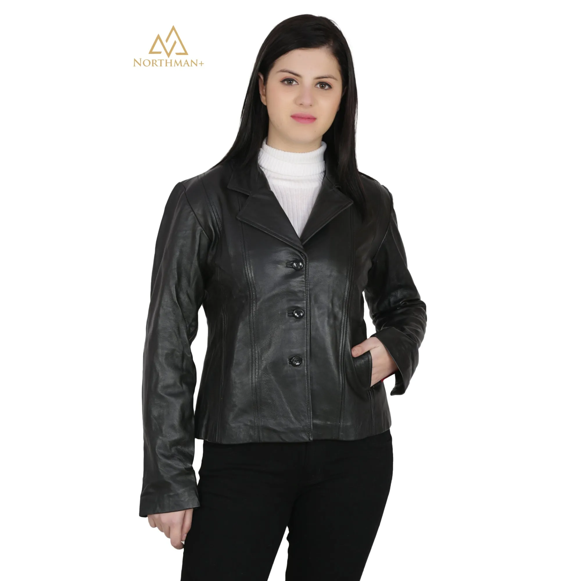 Women's Slim Fit Leather Short Coat : Three Button Short Coat