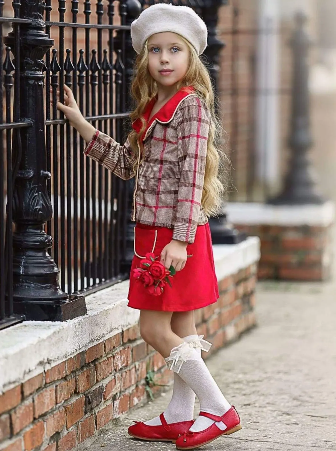 Wrap Me In Plaid Blazer and Pleated Pocket Skirt Set