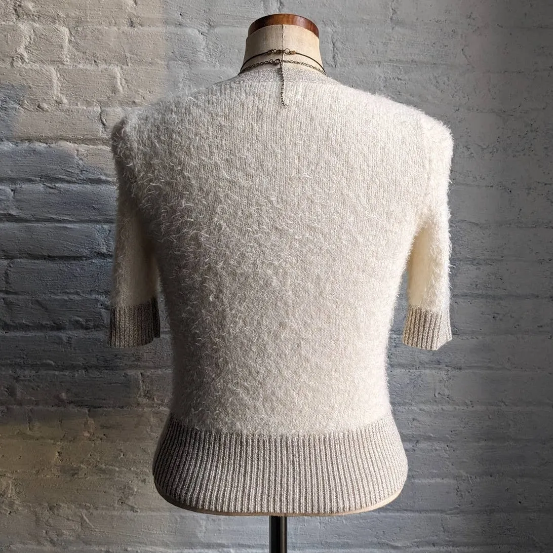 Y2K Retro Cream Preppy Fuzzy Shag Knit Cardigan Glitter Trim Cloud Sweater Top