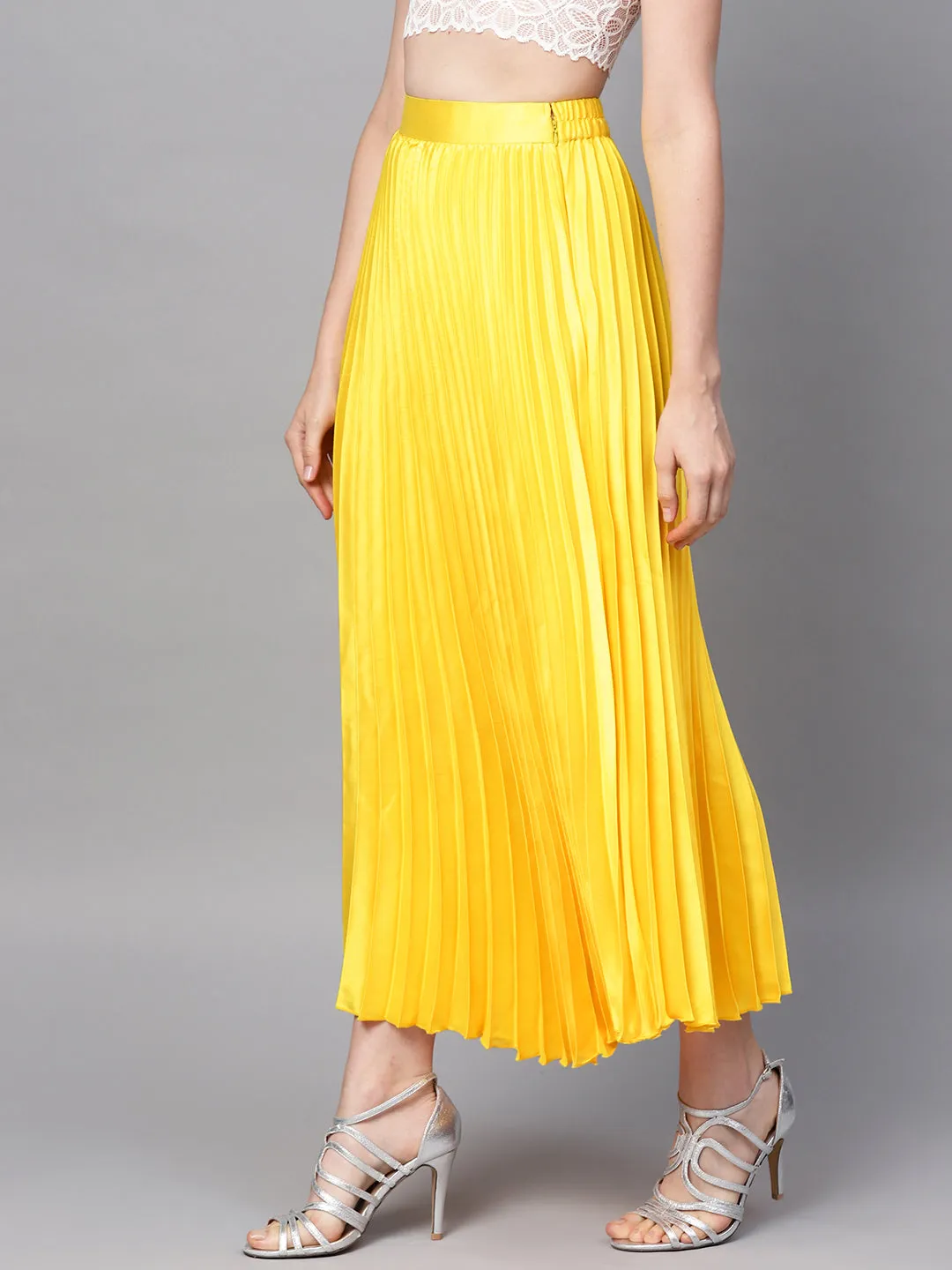 Yellow Satin Pleated Maxi Skirt