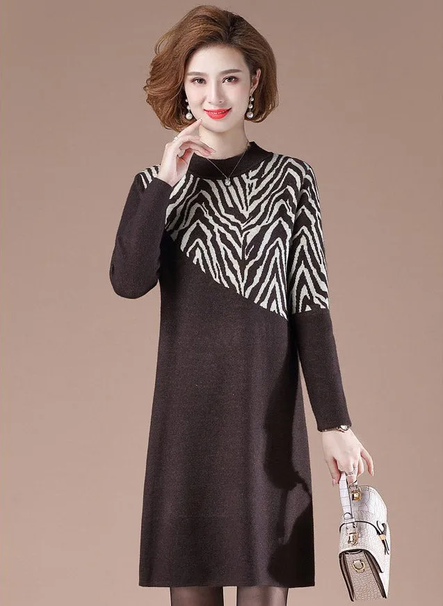 Zebra-stripe Pattern Long Sleeve Knee Length A-line Knit Dress