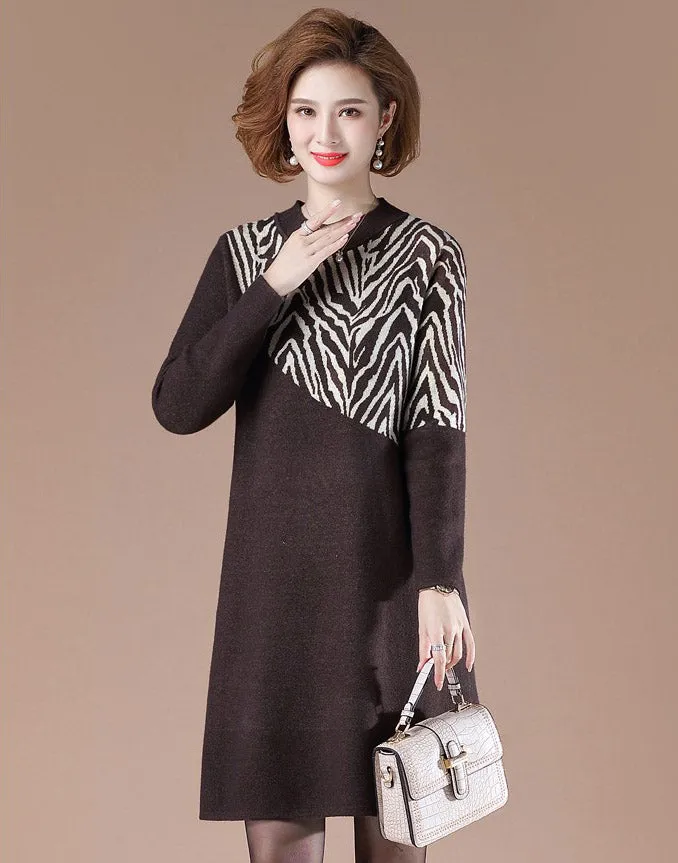 Zebra-stripe Pattern Long Sleeve Knee Length A-line Knit Dress