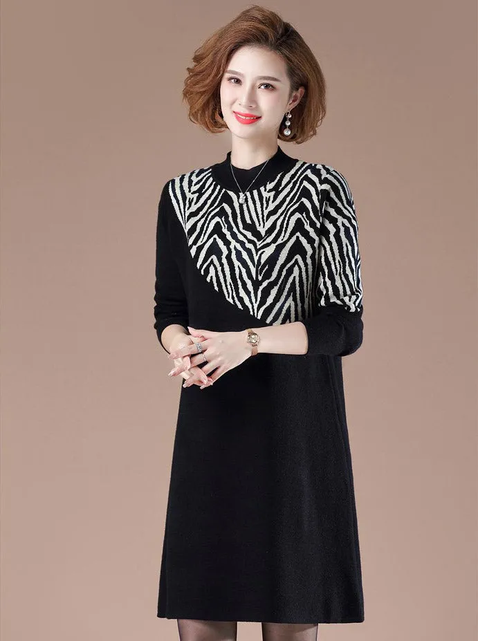 Zebra-stripe Pattern Long Sleeve Knee Length A-line Knit Dress