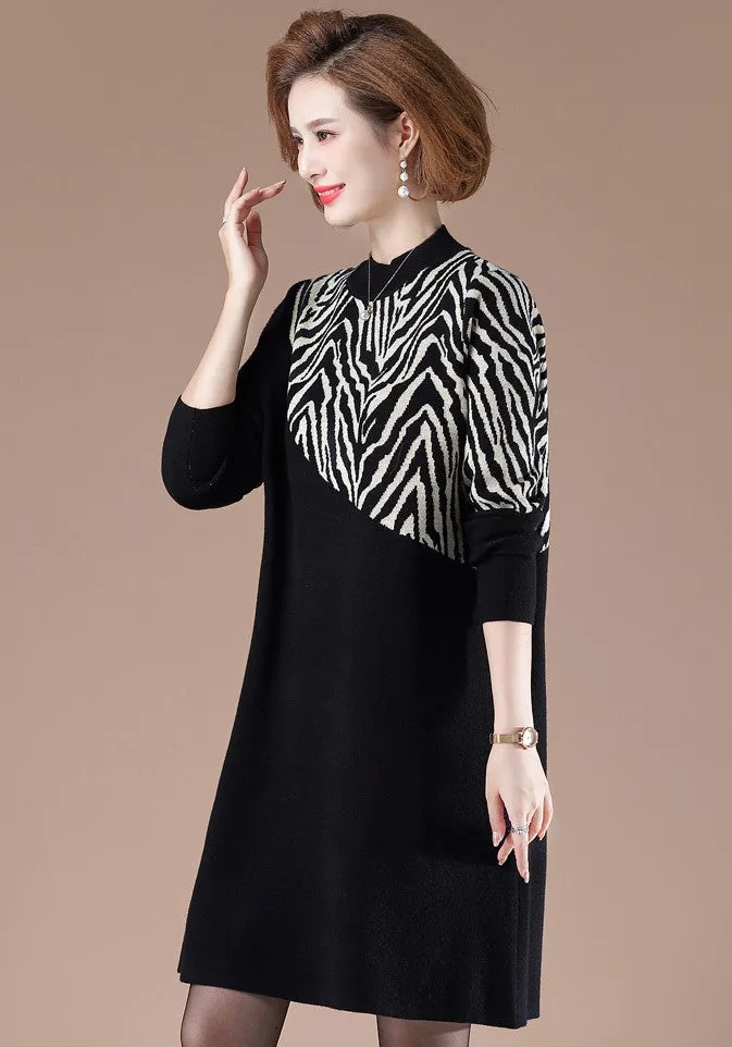 Zebra-stripe Pattern Long Sleeve Knee Length A-line Knit Dress