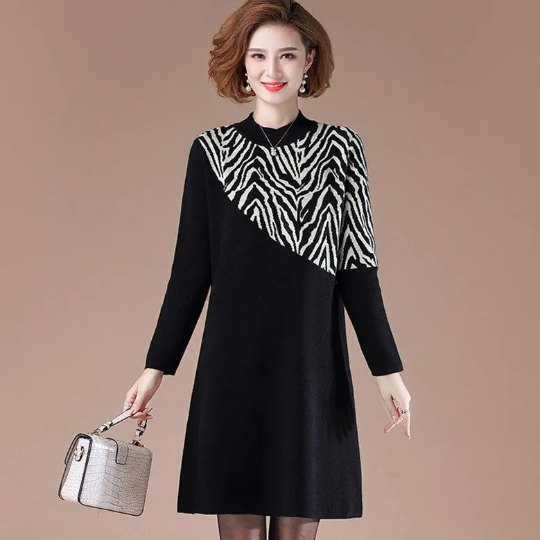 Zebra-stripe Pattern Long Sleeve Knee Length A-line Knit Dress